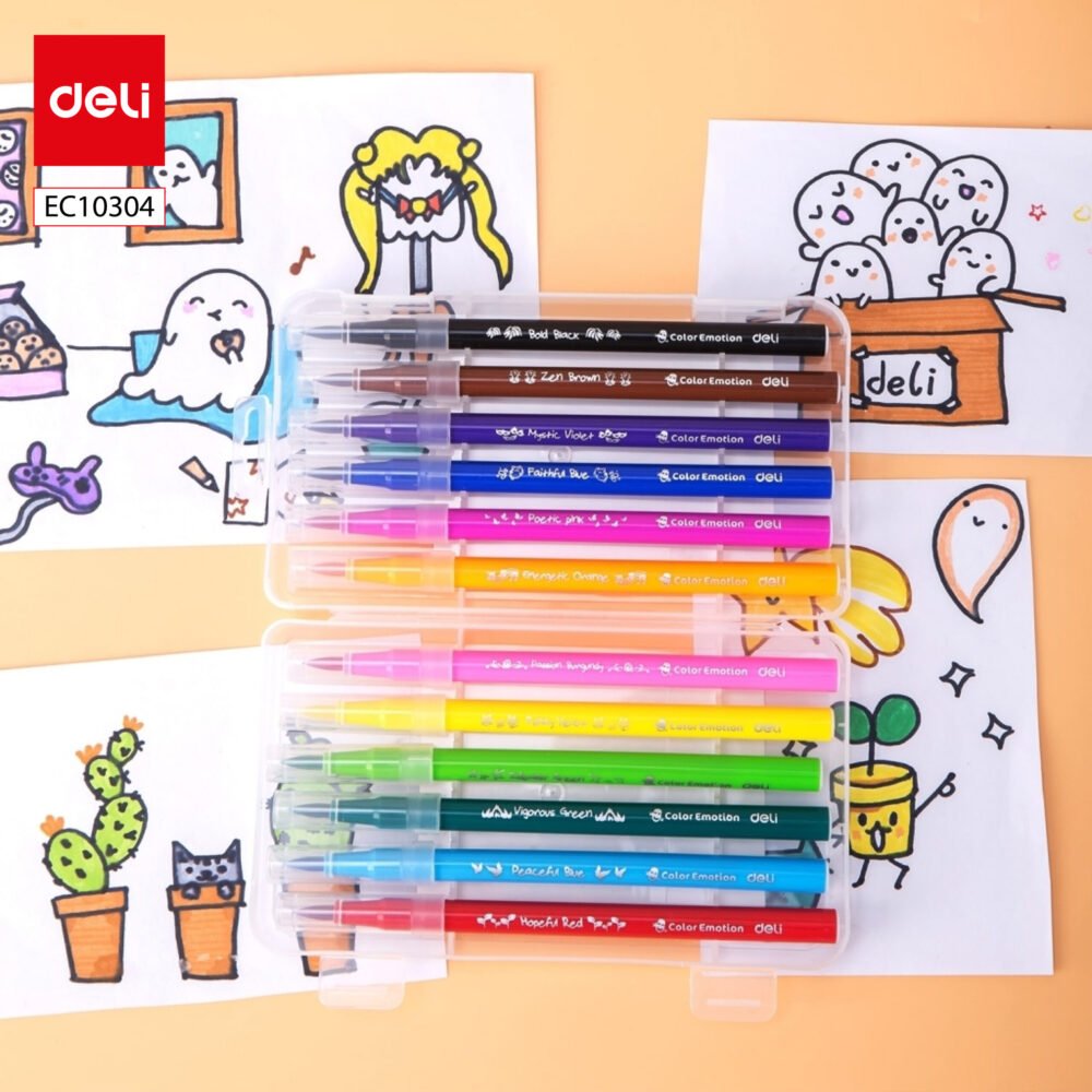 ديلي أقلام تلوين فلوماستر طويل - قياس2 مم - علبة ستاند شفاف - 12 لون EC10304